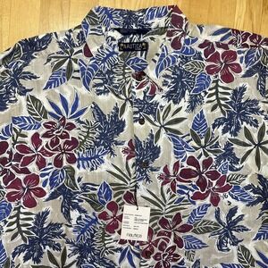 Nautica Classic Fit Mens XXL Hawaiian Floral Tan Button Down Short Sleeve Travel